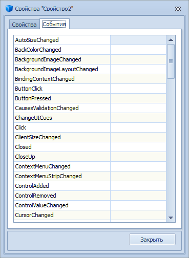 Окно событий элемента управления
