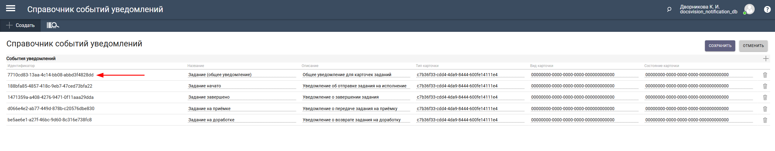 Справочник событий уведомлений