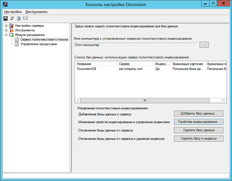 Раздел "Сервис полнотекстового поиска" Консоли настройки Docsvision