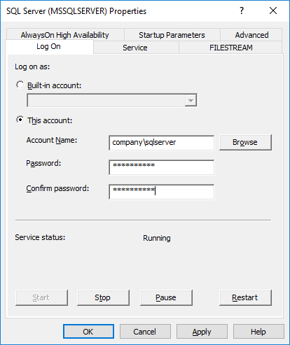 Настройки службы SQL Server