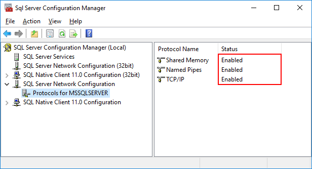 Настройки протоколов в конфигурации Microsoft SQL Server