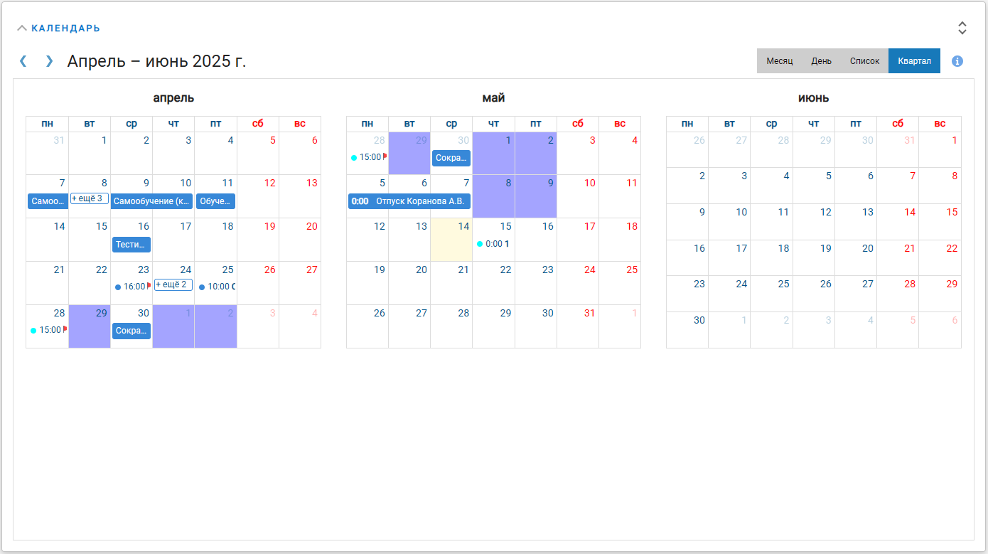 Представление календаря "Несколько месяцев"