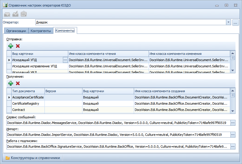 Настройки компонентов в Справочнике настроек операторов ЮЗДО
