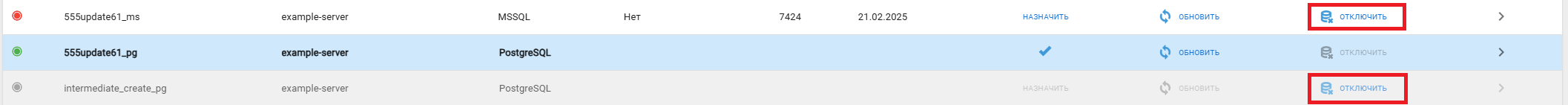 Кнопка отключения БД в таблице