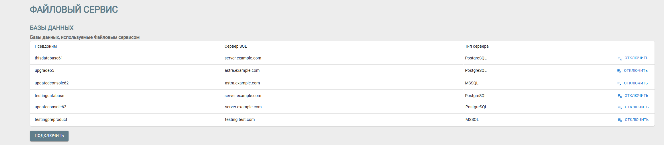 Группа настроек "Базы данных" для файлового сервиса