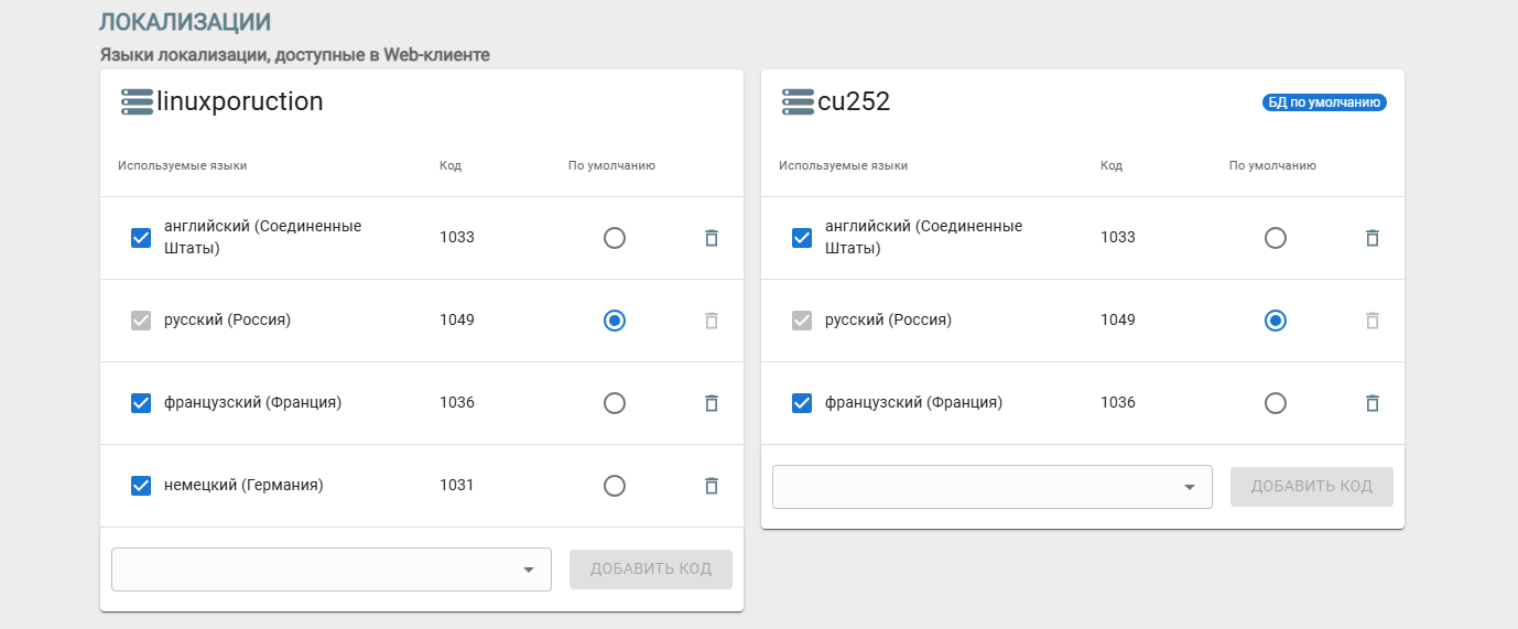 Группа настроек "Локализации"