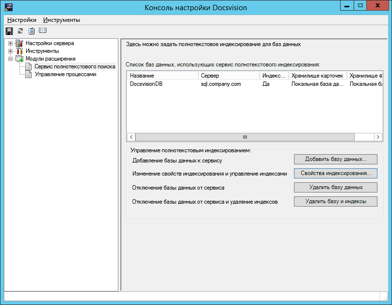 Раздел "Сервис полнотекстового поиска" Консоли настройки Docsvision