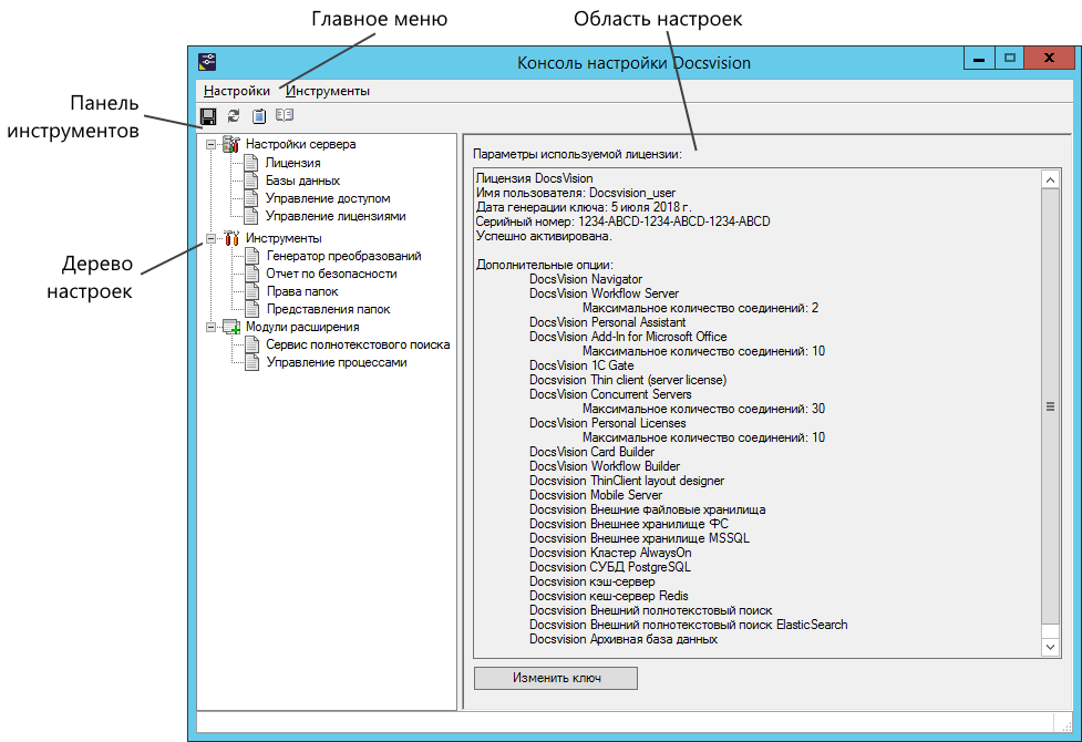 Главное окно Консоли настройки Docsvision в обычном режиме работы